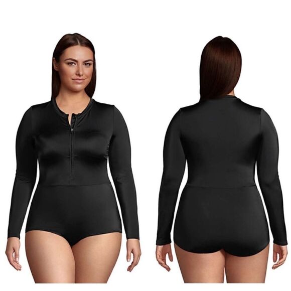Land’s End Rash guard one piece long sleeve swimsuit 1/4 zip black Various Size - Picture 4 of 11